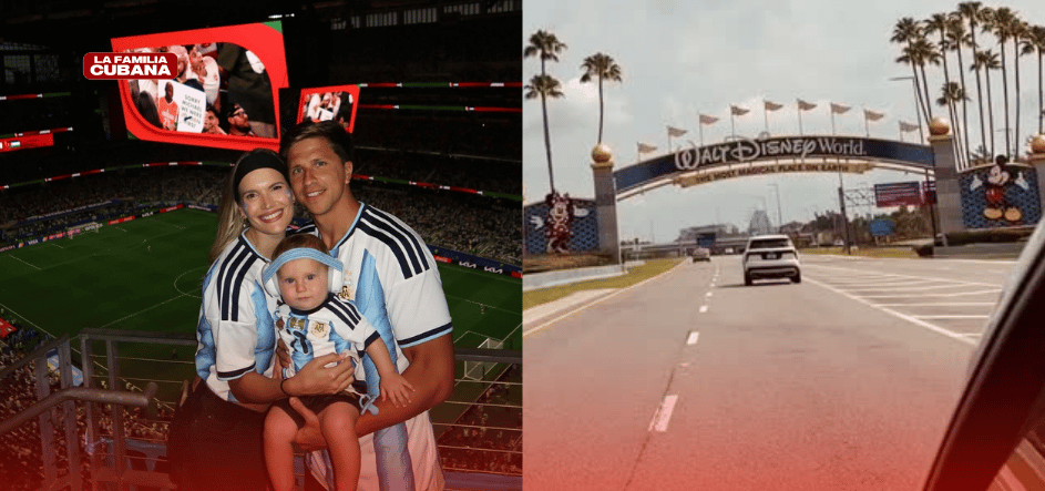 Eva Bargiela, Gianluca Simeone y su hijo Faustino entrando a disney