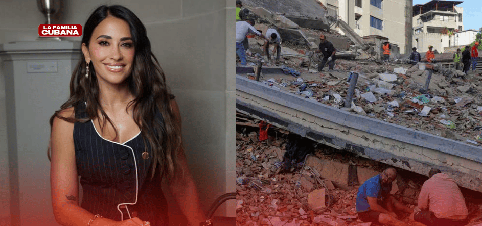 ANTONELA ROCUZZO ESPOSA DE MESSI SENTADA Y AL LADO CALLES Y EDIFICIOS DESTROZADOS POR TERREMOTO EN VENEZUELA