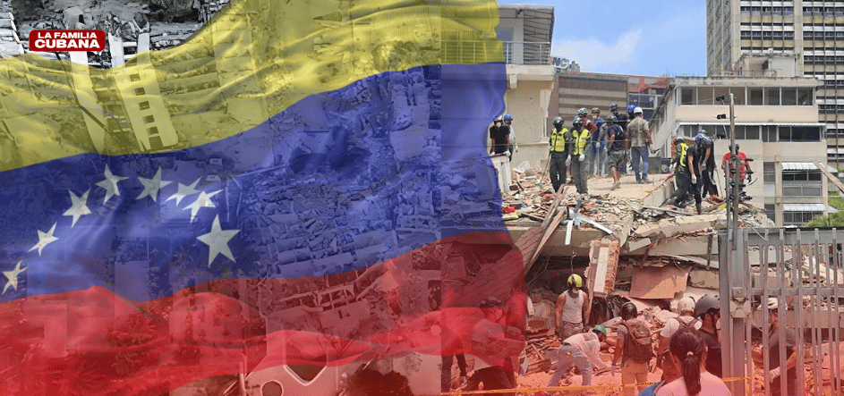 Bandera De Venezuela y en el fondo imagenes de edificios destruidos con rescatistas buscando sibrevivientes.