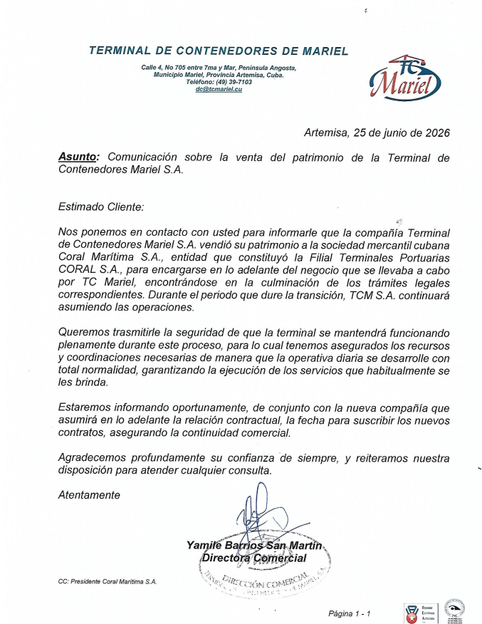 carta sobre la venta de la terminal de contenedores del Mariel