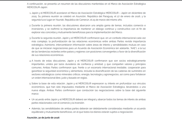 resumen de las discusiones mantenidas en el Marco de Asociación Estratégica MERCOSUR-Japón