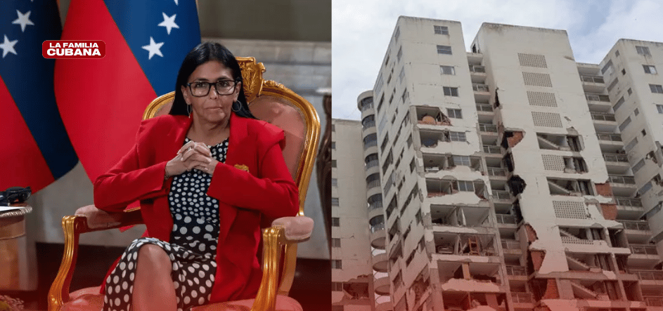 delcy rodriguez y un edificio en ruinas