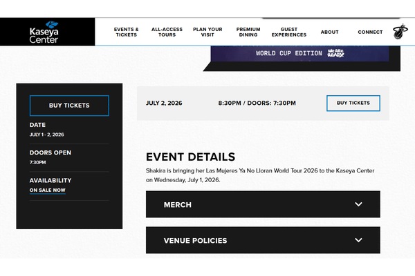 CAPTURA DE PANTALLA DEL CRONOGRAMA DE CONCIERTOS DE SHAKIRA EN EL KASEYA CENTER