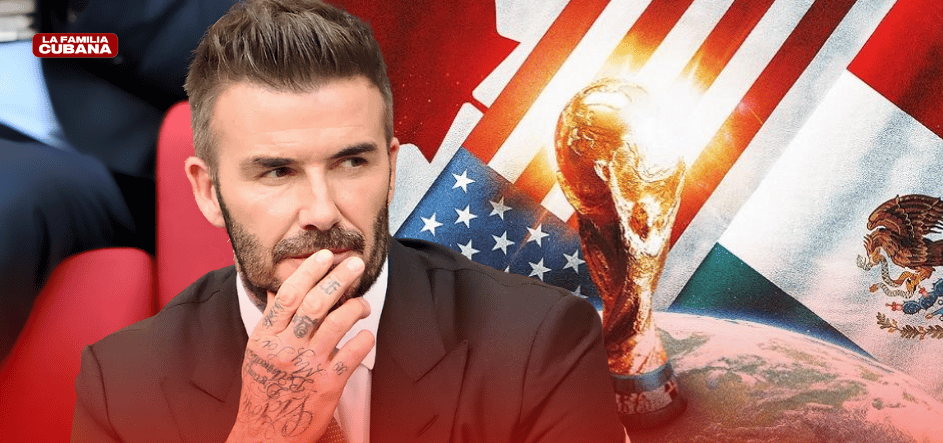 David Beckam y de fondo bandera de Canada, E.E.U.U y Mexico sedes del mundial 2026