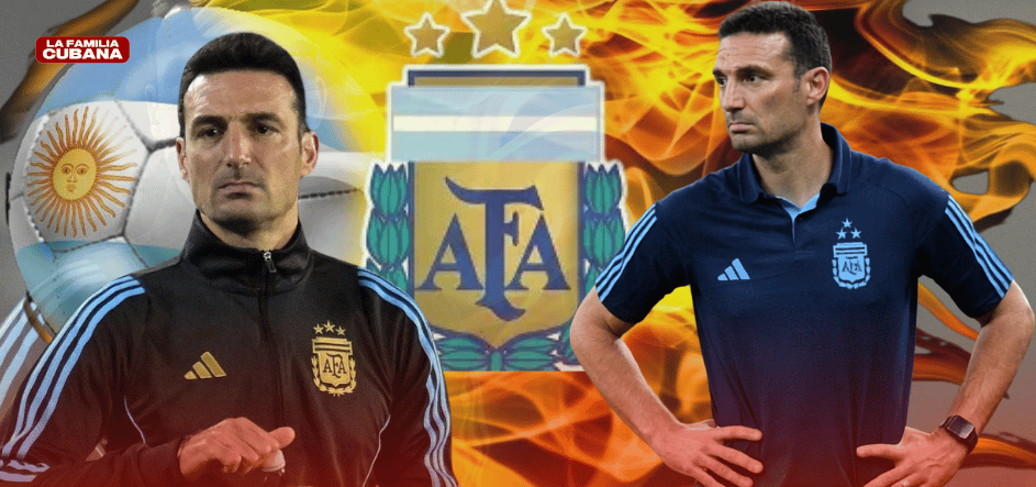 Dos imagenes de Scaloni entrenedor de la selecion Argentina,con el escudo de la selecion detras con sus tres estrellas y una pelota de fondo con el tema de la bandera argentina y con fuego.