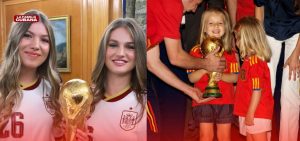 La Princesa Leonor y la Infanta Sofía repiten la foto con la Copa del Mundo 16 años después.