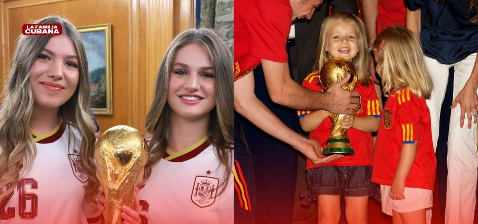La Princesa Leonor y la Infanta Sofía repiten la foto con la Copa del Mundo 16 años después.