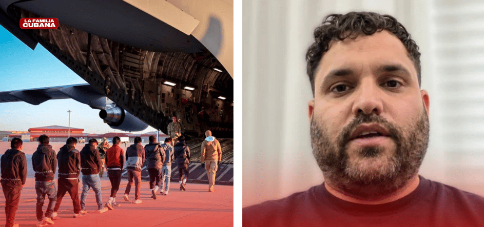 migrantes ingresando a un avión para un vuelo de deportación y Yasmany Moreno de Armas