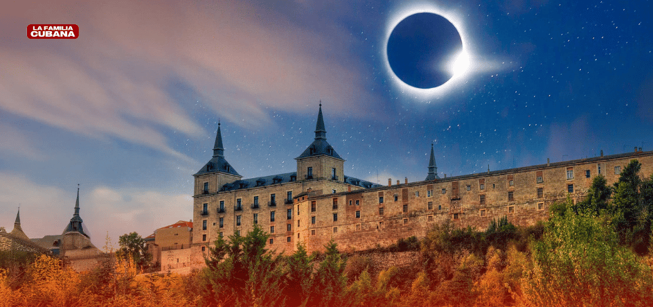 eclipse total de sol con un castillo de fondo