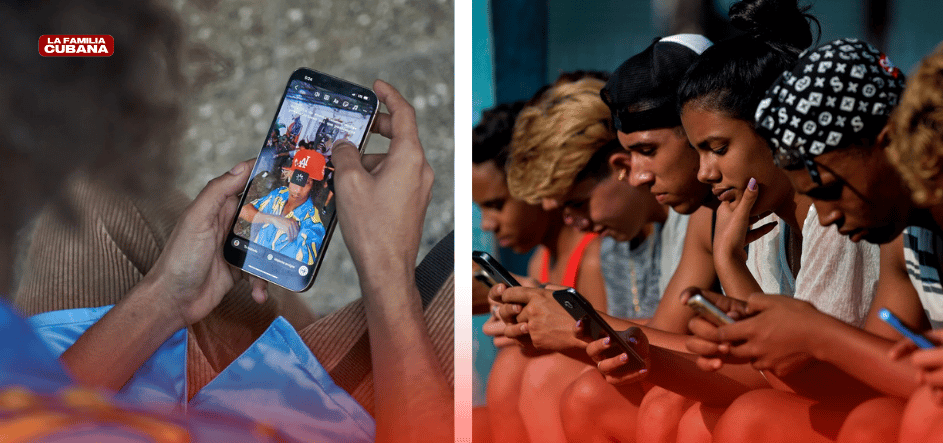 creador de contenido popular y jovenes cubanos consumiendo redes sociales