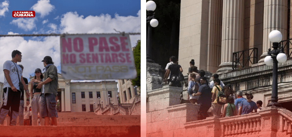 cartel de prohibicion en la escalinata de la universidad de la habana y estudiantes subiendo la escalinata
