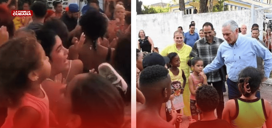 madres protestando y Diaz Canel reunido con niños