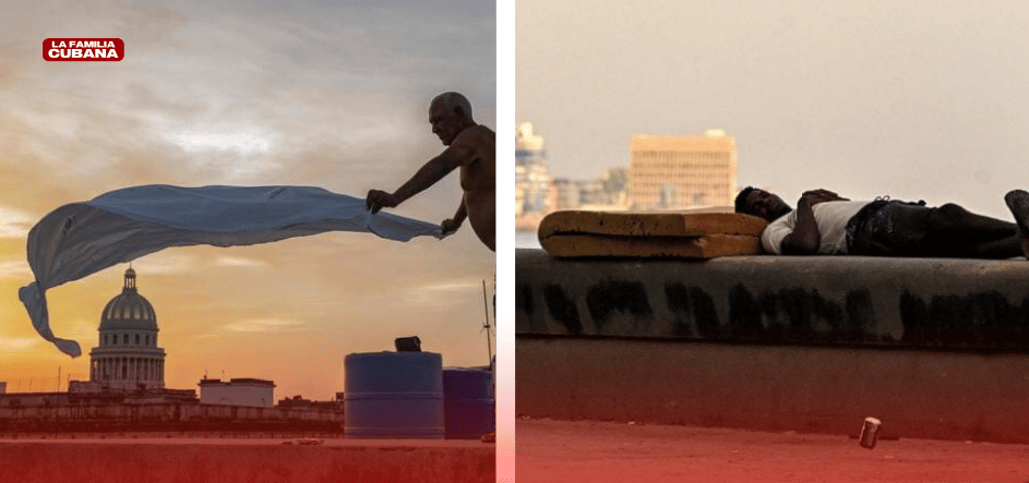 anciano preparando su cama al aire libre y joven durmiendo en el Malecón