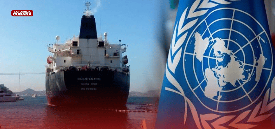 barco petrolero y bandera de la ONU