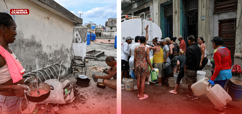 pareja cubana cocinanddo con carbón y fila de cubanos con cubos para cargar agua
