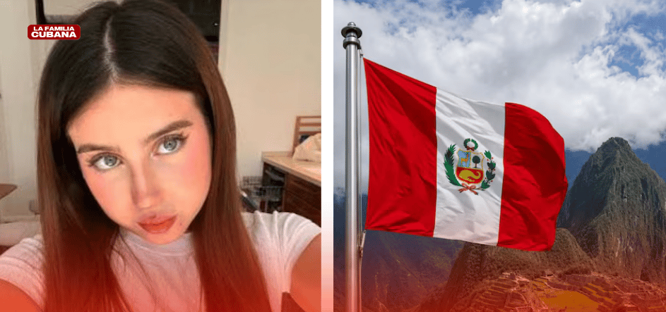 La influencer española Roro posa junto a la bandera de Perú ondeando sobre las ruinas de Machu Picchu, en el contexto de acusaciones de xenofobia.