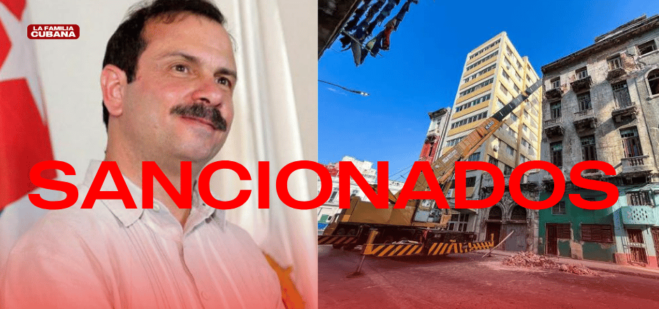 Fernando González Llort y grua frente a un derrumbe en La Habana