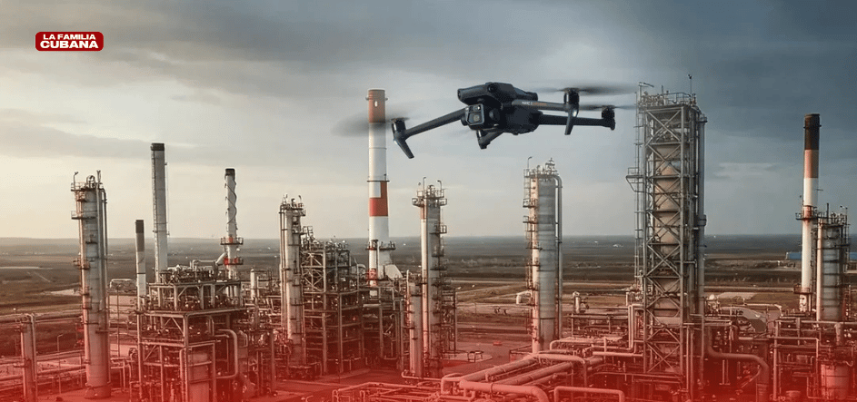 drone sobrevolando una industria