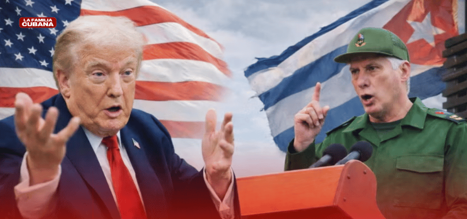 Donadl Trump y Miguel Diaz Canel y de fondo las banderas cubanas y estadounidenses