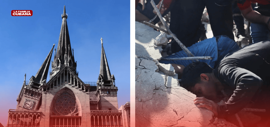 iglesia con torre colapsada y búsqueda de sobrevivientes tras terremoto