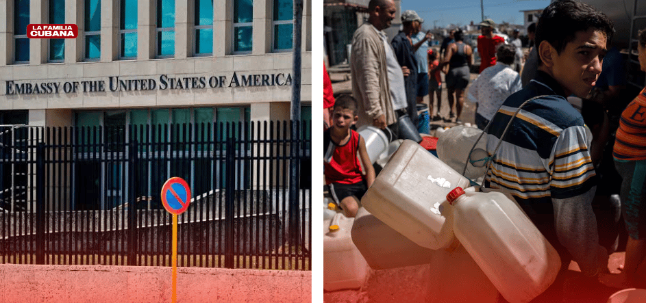 Embajada de Estados Unidos en Cuba y personas cargando agua