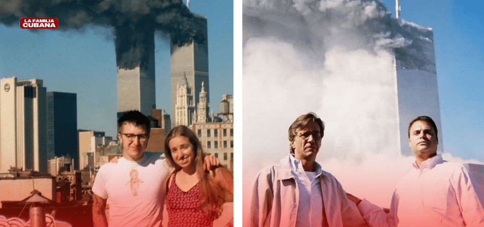 Personas tirándose fotos con las Torres Gemelas de fondo durante el atentado del 11 de septiembre