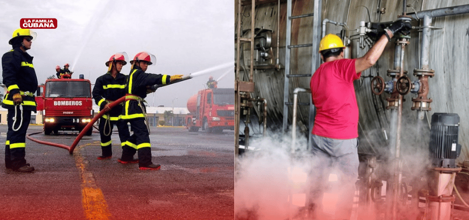 bomberos y trabajador del gas en Cuba