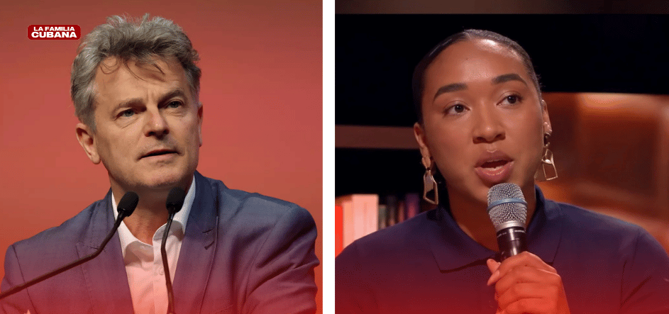 Fabien Roussel en debate televisivo con joven cubana