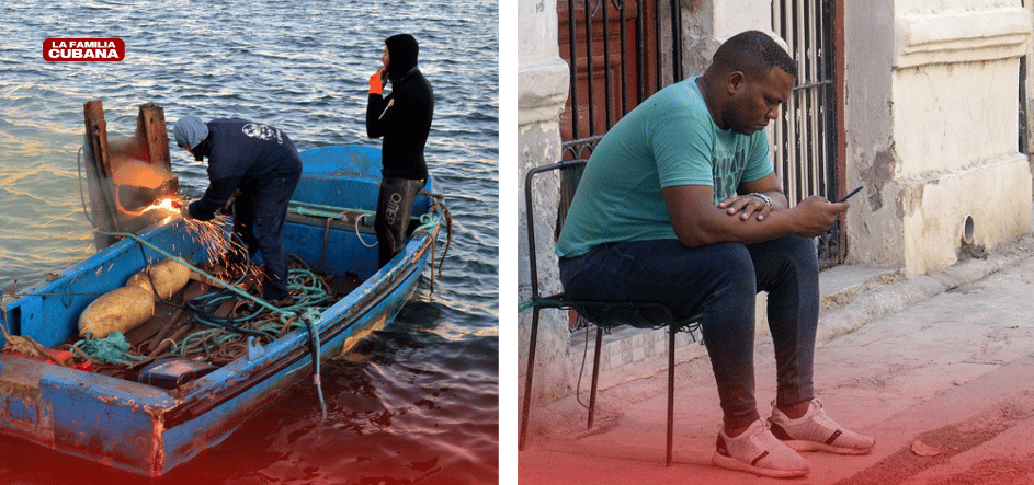 hombres soldando en el mar y joven cubano con teléfono en la mano