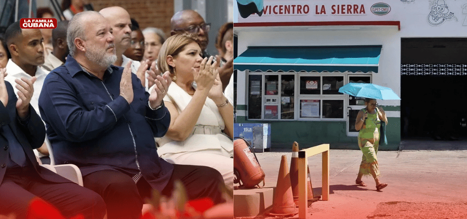 Manuel Marrero Cruz y mujer caminando frente a una gasolinera cerrada