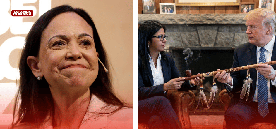 Maria Corina Machado e imagen ilustrativa hecha con IA de Delcy Rodríguez y Donald Trump
