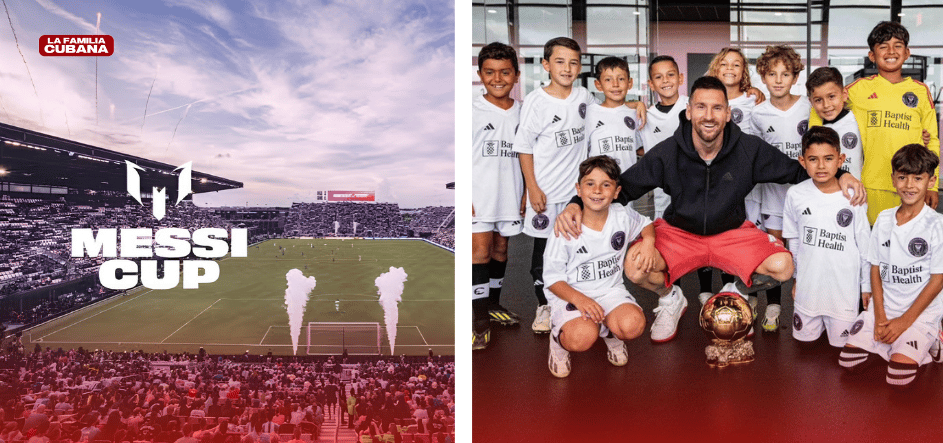 Messi Cup y Lionel Messi posando con su balón de oro junto a niños de la academia del Inter de Miami FC