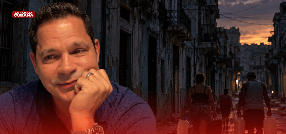 Rey Ruiz y cubanos cargando agua en una imagen recreada con IA