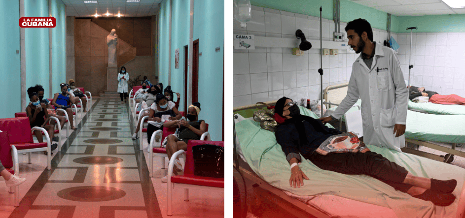 Pacientes esperando ser atendidos y médico visitando a una paciente hospitalizada