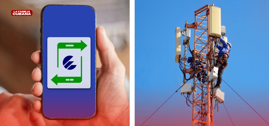 Transfermovil y trabajadores de ETECSA trabajando en una torre de comunicaciones