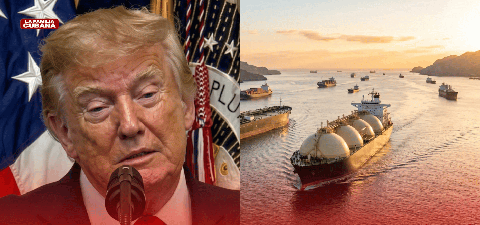 Donald Trump y barcos atravesando el Estrecho de Ormuz