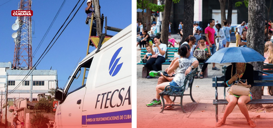 Auto y torre de ETECSA y personas conectadas en un parque wifi